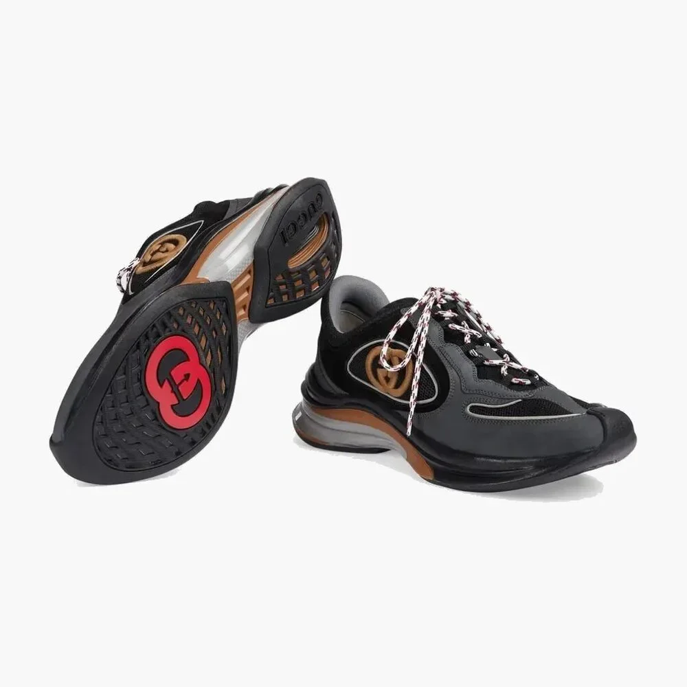 NEW GUCCI Run Interlocking G Men's Black Grey Suede Logo Sneakers G 7.5 / US 8